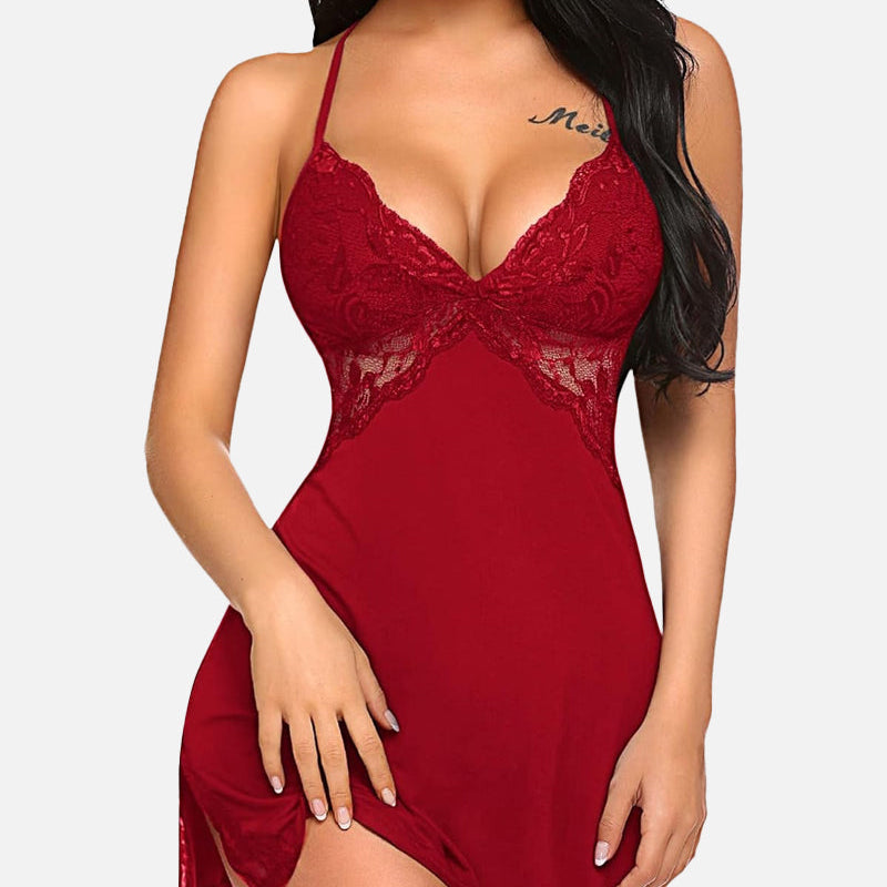 Lace Trim Slit Sleep Dress Babydoll Teddy Lingerie