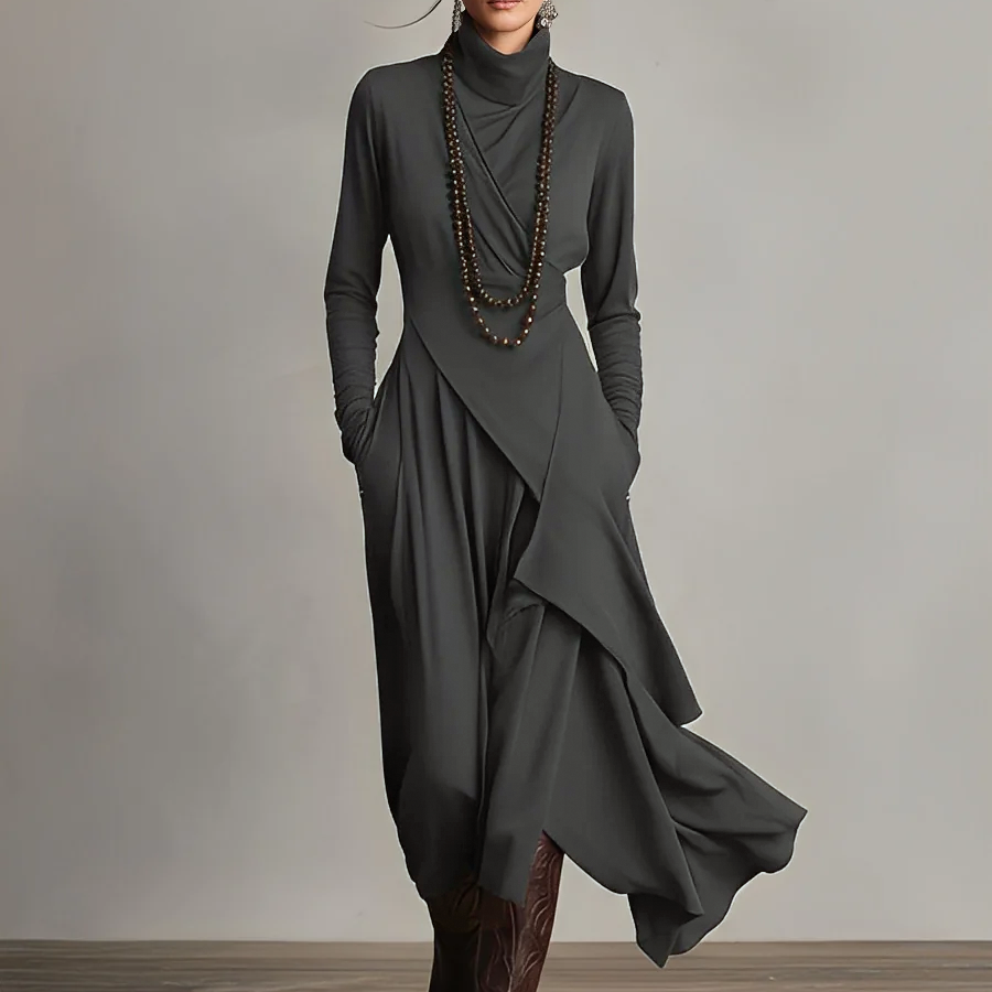 Vestido Maxi Boho de Algodão com Gola Alta e Drapeado Assimétrico