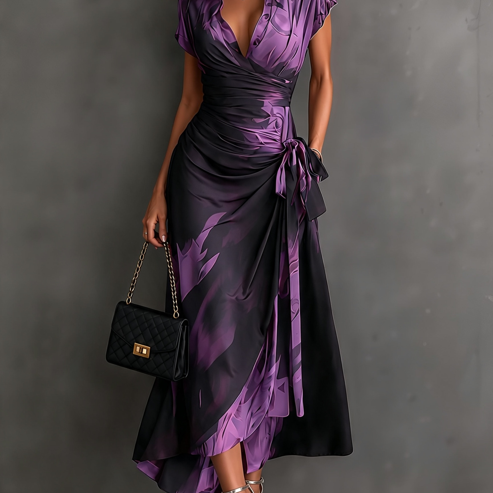 Vestido midi estampado estilo transpassado com decote em V