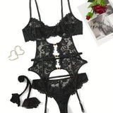 Conjunto de Body em Renda com Cinto de Ligas e Meias de Rede