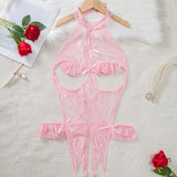 Body de Renda Floral com Costas Descobertas e Recortes