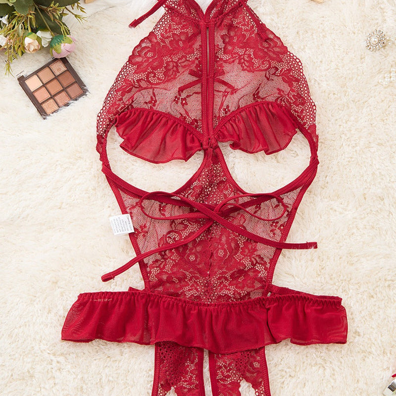 Body de Renda Floral com Costas Descobertas e Recortes