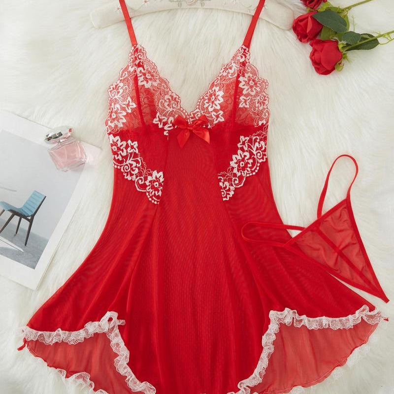 Sexy Deep V Contrast Lace Mesh Bow Decoration Suspender Nightdress (With Thong)