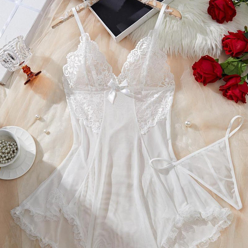 Sexy Deep V Contrast Lace Mesh Bow Decoration Suspender Nightdress (With Thong)