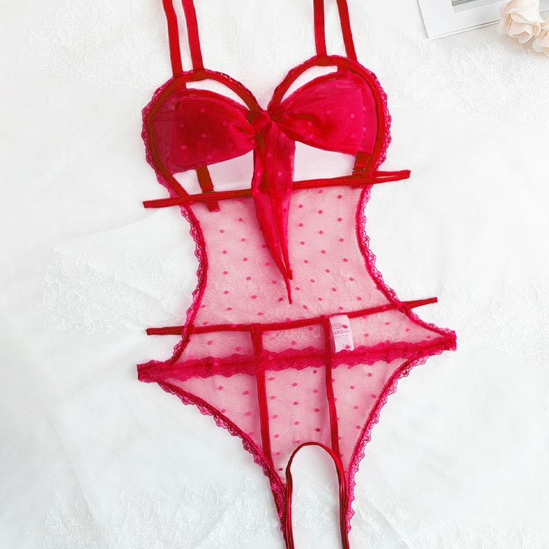 Sexy Floral Lace Bow Tie Open Crotch Hollow Polka Dot Mesh One-Piece Pajamas