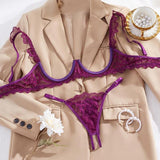 Women's Lace Sexy Underwire Spaghetti Straps Adjustable Bra and Open Crotch Design Thong Set