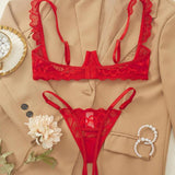 Women's Lace Sexy Underwire Spaghetti Straps Adjustable Bra and Open Crotch Design Thong Set