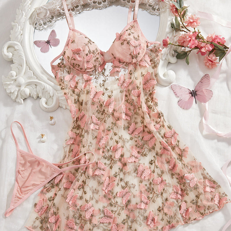 Women's Sexy Butterfly Embroidery Mesh Suspender Nightdress and Thong Set