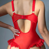 Sexy Lace Mesh Backless Ruffled Decoration Hollow Ring Buckle One-Piece Pajamas