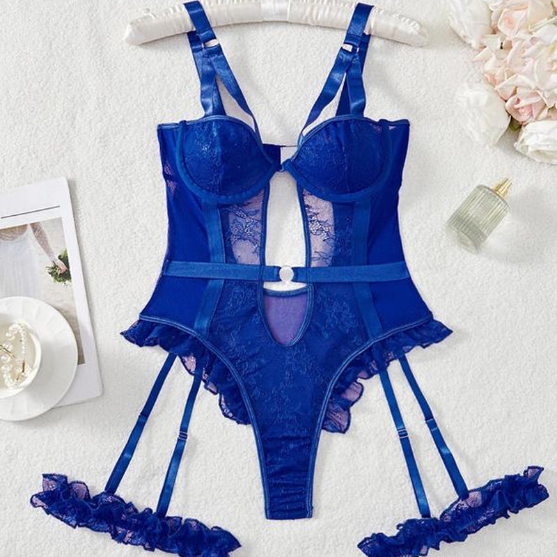 Sexy Lace Mesh Backless Ruffled Decoration Hollow Ring Buckle One-Piece Pajamas