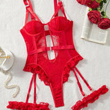 Sexy Lace Mesh Backless Ruffled Decoration Hollow Ring Buckle One-Piece Pajamas