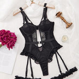 Sexy Lace Mesh Backless Ruffled Decoration Hollow Ring Buckle One-Piece Pajamas