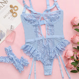 Sexy Lace Mesh Backless Ruffled Decoration Hollow Ring Buckle One-Piece Pajamas