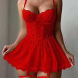 Sexy Lace Tie-Up Design See-Through Low-Cut Suspender Nightdress
