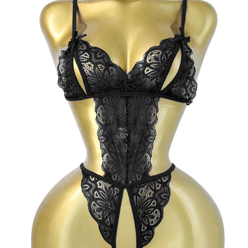 Women's Sexy Hollow Translucent Floral Lace Backless One-Piece Pajamas