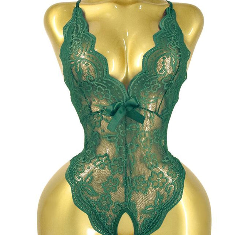 Body de Renda Floral Transparente com Decote em V e Costas Cruzadas