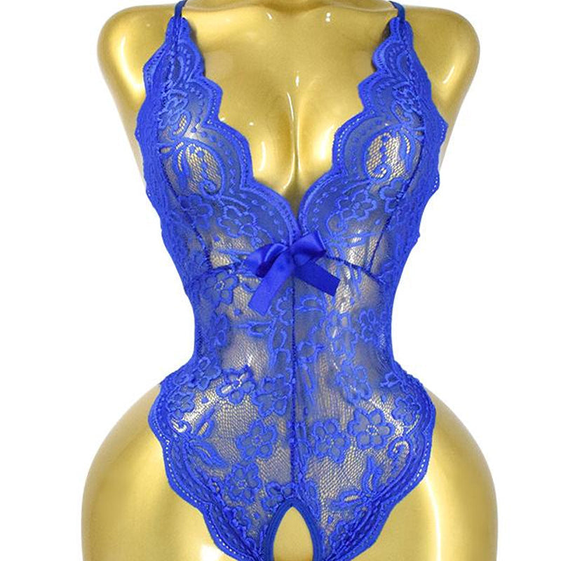 Body de Renda Floral Transparente com Decote em V e Costas Cruzadas
