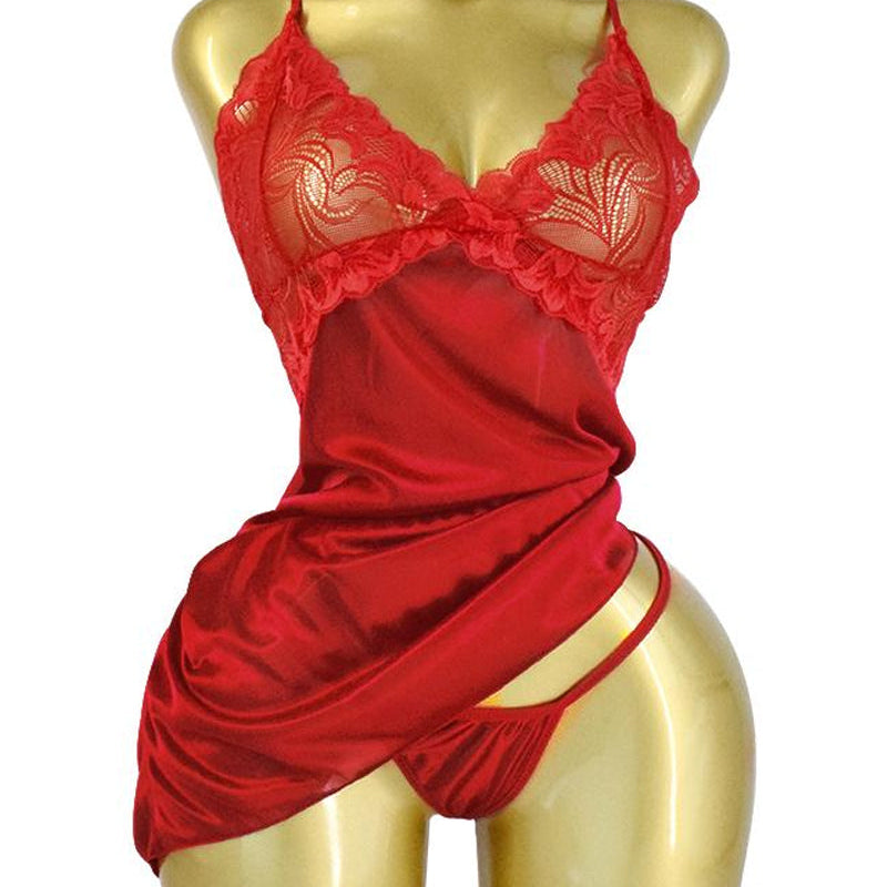 Women's Sexy Lace Satin V Neck Adjustable Straps Backless Nightdress with Thong