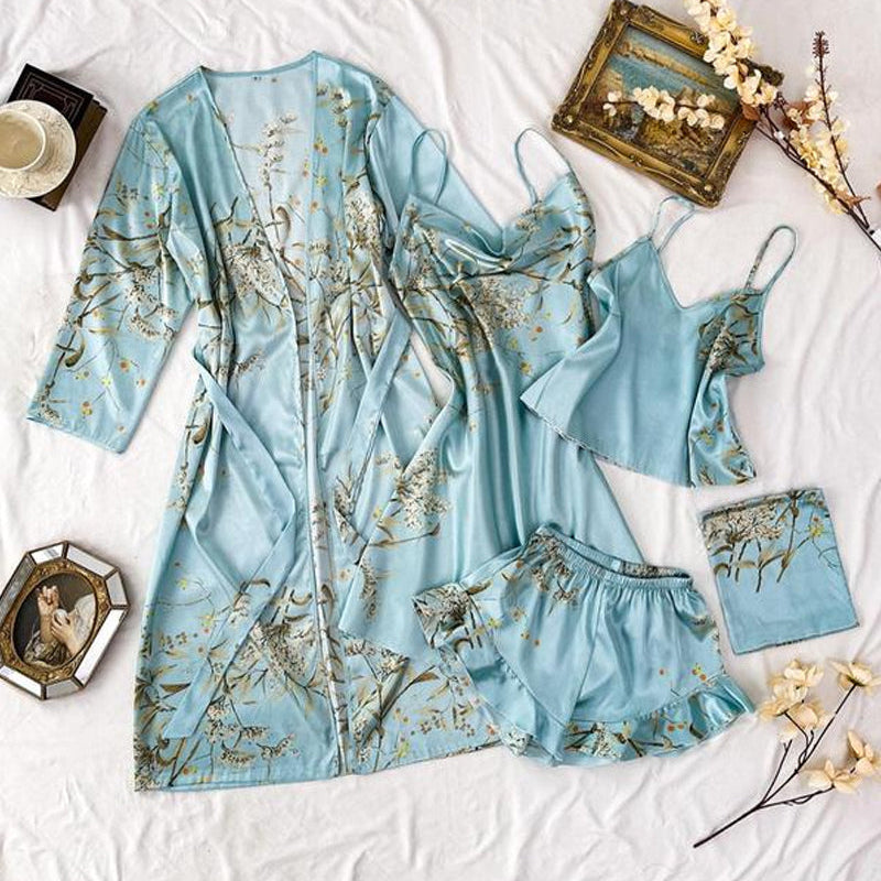 Women's Satin Printed Suspender Top Shorts Suspender Dress Nightgown Home Clothes Five-Piece Set
