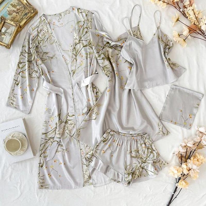 Women's Satin Printed Suspender Top Shorts Suspender Dress Nightgown Home Clothes Five-Piece Set