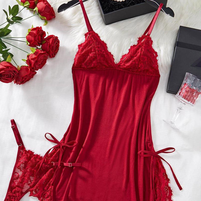 Sexy Bow Decorated Contrast Lace Suspender Nightdress Nightdress and Thong Set