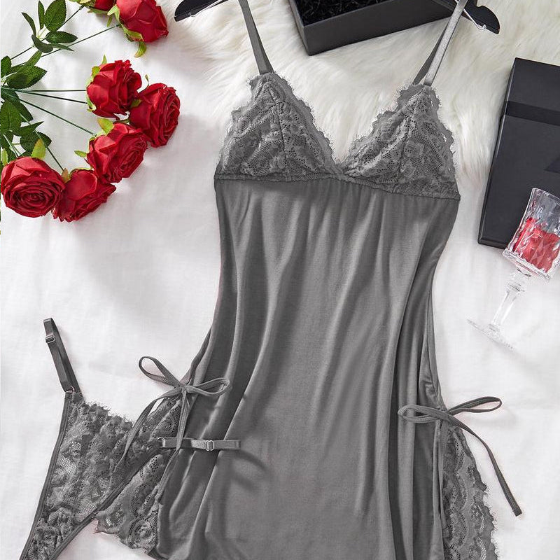 Sexy Bow Decorated Contrast Lace Suspender Nightdress Nightdress and Thong Set