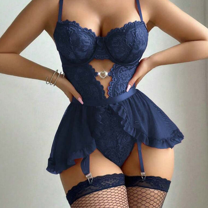 Sexy Lace Hollow Heart-Shaped Decoration Detachable Waist Seal One-Piece Pajamas Two-Piece Set