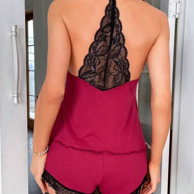 Conjunto de Pijama em Seda de Leite com Decote em V e Costas em Renda