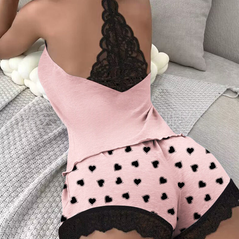 Conjunto de Pijama em Seda de Leite com Decote em V e Costas em Renda