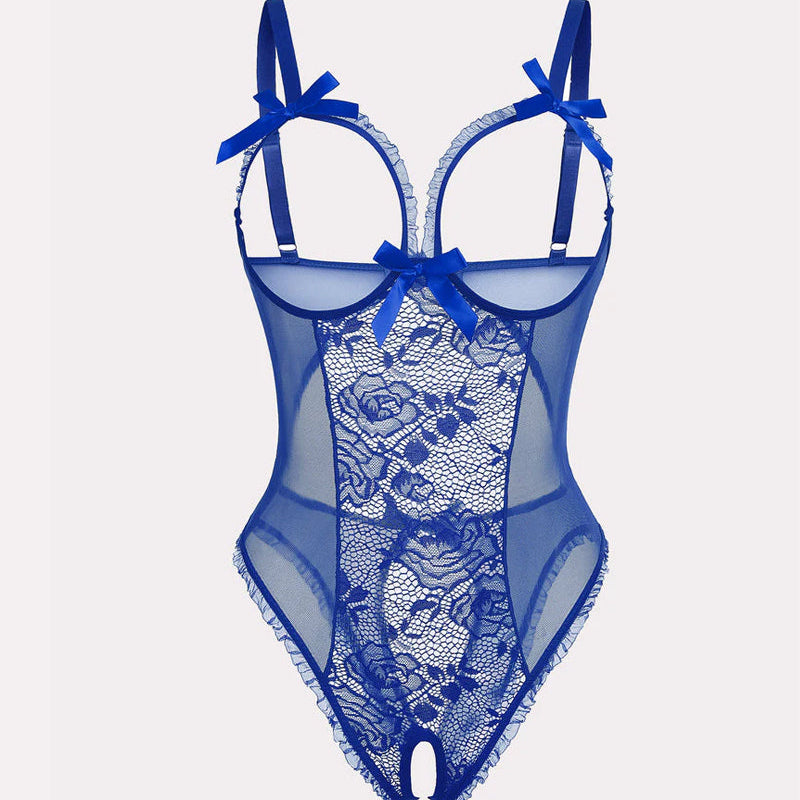 Sexy Flower Lace Mesh Stitching Chest Hollow Open Crotch One-Piece Pajamas