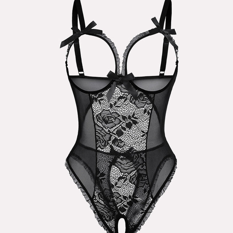 Sexy Flower Lace Mesh Stitching Chest Hollow Open Crotch One-Piece Pajamas