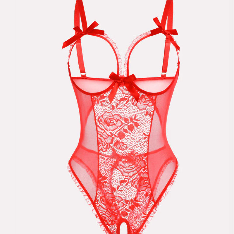 Sexy Flower Lace Mesh Stitching Chest Hollow Open Crotch One-Piece Pajamas