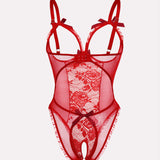 Sexy Flower Lace Mesh Stitching Chest Hollow Open Crotch One-Piece Pajamas