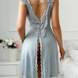 Sexy V-Back Butterfly Design High-Slit Lace Nightdress