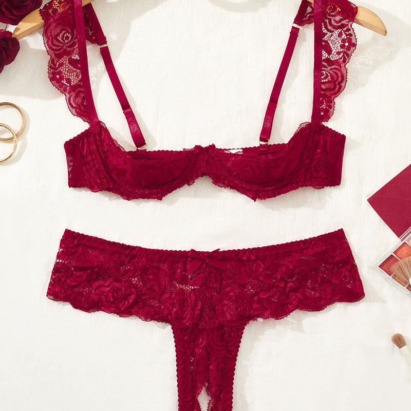 Sexy Lace Mesh Open Crotch Hollow Bra Underwear Set