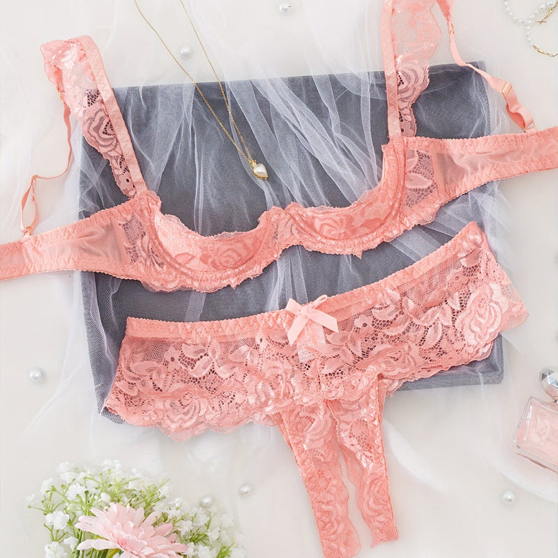 Sexy Lace Mesh Open Crotch Hollow Bra Underwear Set