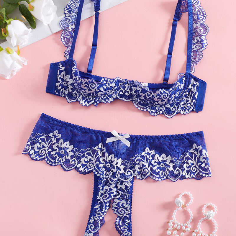 Sexy Lace Mesh Open Crotch Hollow Bra Underwear Set