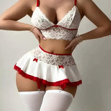 Deep V Sexy Lace Milk Silk Splicing with Stockings Pajamas Set