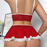 Deep V Sexy Lace Milk Silk Splicing with Stockings Pajamas Set