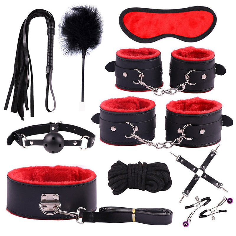 Conjunto de Bondage de 10 Peças em Pele Sintética Forrada