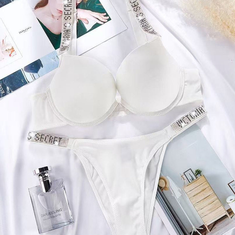 Sparkling Diamond Wide Strap Letter Rhinestone Sexy Push-Up Bra Set