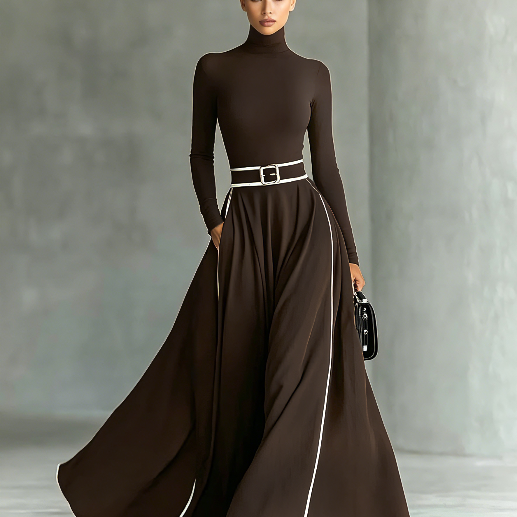 Vestido Maxi Preto com Costuras Brancas, Gola Subida, Mangas Compridas e Corte Justo