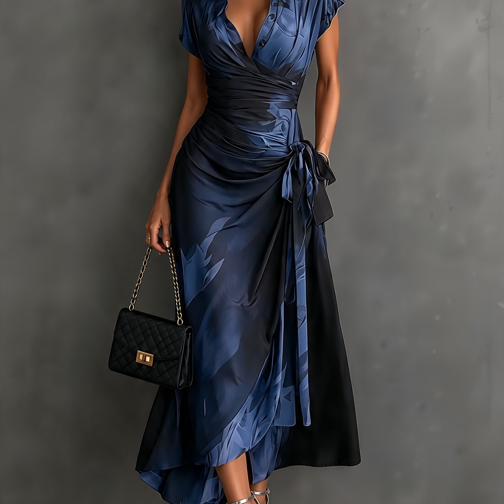 Vestido midi estampado estilo transpassado com decote em V