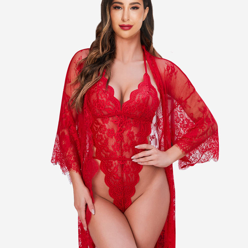 2 Piece Set Lace Robe with Teddy