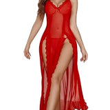 Conjunto de Camisa de Noite em Renda e Tule com Aberturas Laterais e Tanga