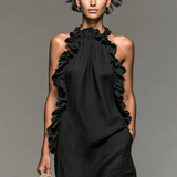 Vestido Maxi sem Mangas em Mistura de Linho com Detalhes de Folhos