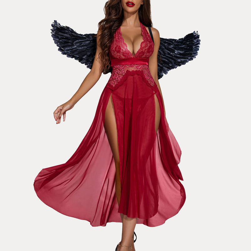 Deep V Neck Lace Mesh Dress