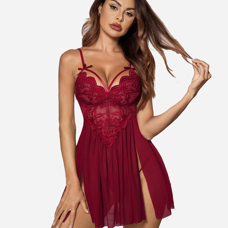V Neck Strap Mesh Side Slit Nighty