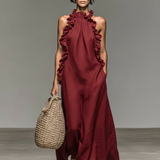 Vestido Maxi sem Mangas em Mistura de Linho com Detalhes de Folhos