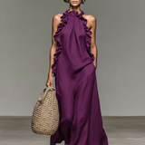 Vestido Maxi sem Mangas em Mistura de Linho com Detalhes de Folhos